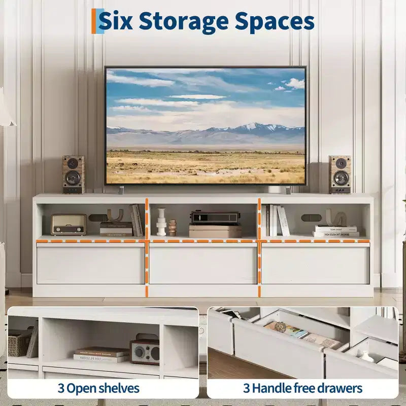 Meuble TV moderne, parfait pour les intérieurs de style industriel, avec 3 tiroirs et des étagères. Fabriqué en MDF robuste, idéal pour les salons