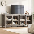 Meuble TV coulissant en verre, adapté aux centres de divertissement avec armoires de rangement, meuble média moderne du milieu du siècle, parfait pour le salon.