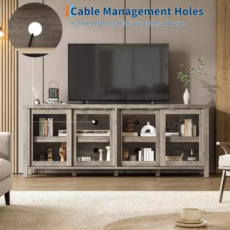 Meuble TV coulissant en verre, adapté aux centres de divertissement avec armoires de rangement, meuble média moderne du milieu du siècle, parfait pour le salon.