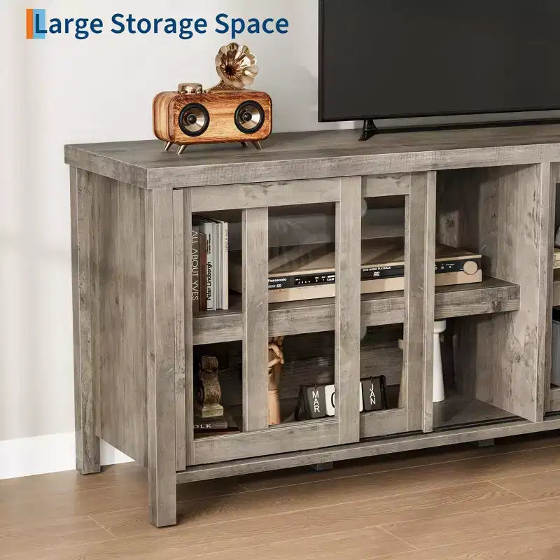 Meuble TV coulissant en verre, adapté aux centres de divertissement avec armoires de rangement, meuble média moderne du milieu du siècle, parfait pour le salon.