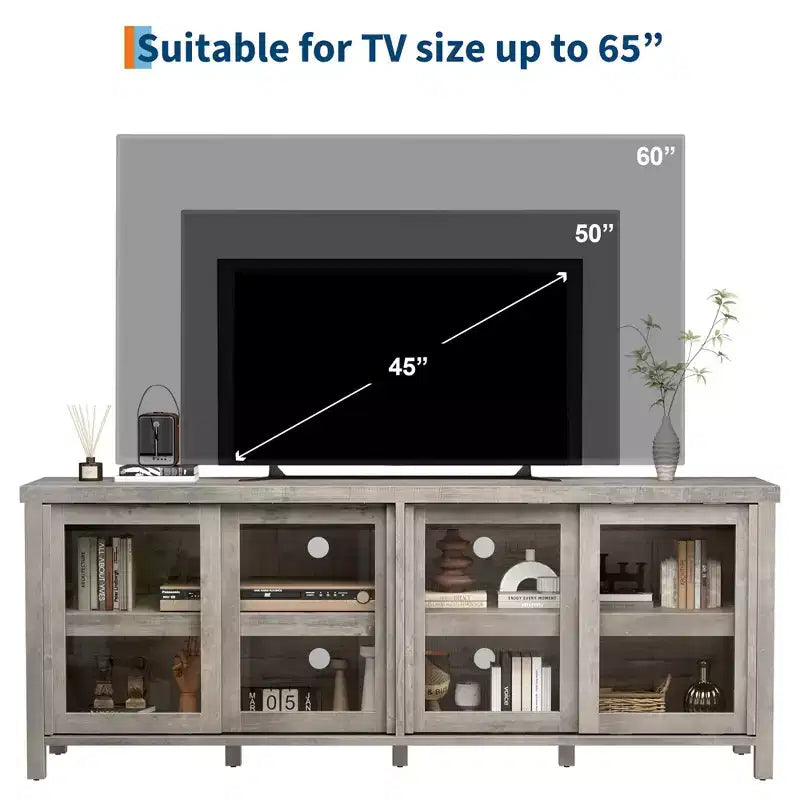 Meuble TV coulissant en verre, adapté aux centres de divertissement avec armoires de rangement, meuble média moderne du milieu du siècle, parfait pour le salon.