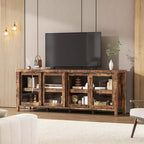Meuble TV coulissant en verre, adapté aux centres de divertissement avec armoires de rangement, meuble média moderne du milieu du siècle, parfait pour le salon.