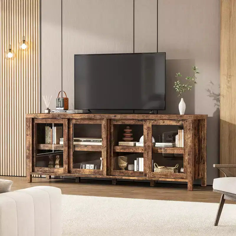 Meuble TV coulissant en verre, adapté aux centres de divertissement avec armoires de rangement, meuble média moderne du milieu du siècle, parfait pour le salon.