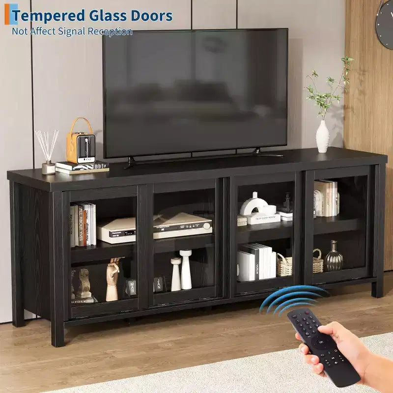 Meuble TV coulissant en verre, adapté aux centres de divertissement avec armoires de rangement, meuble média moderne du milieu du siècle, parfait pour le salon.