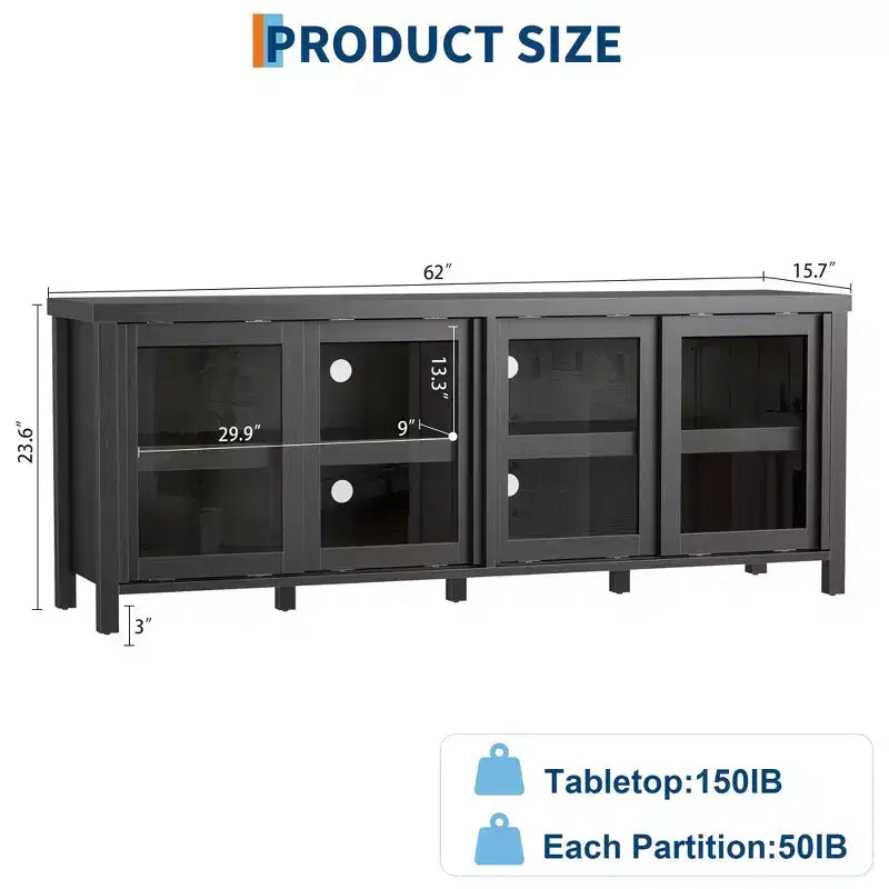 Meuble TV coulissant en verre, adapté aux centres de divertissement avec armoires de rangement, meuble média moderne du milieu du siècle, parfait pour le salon.