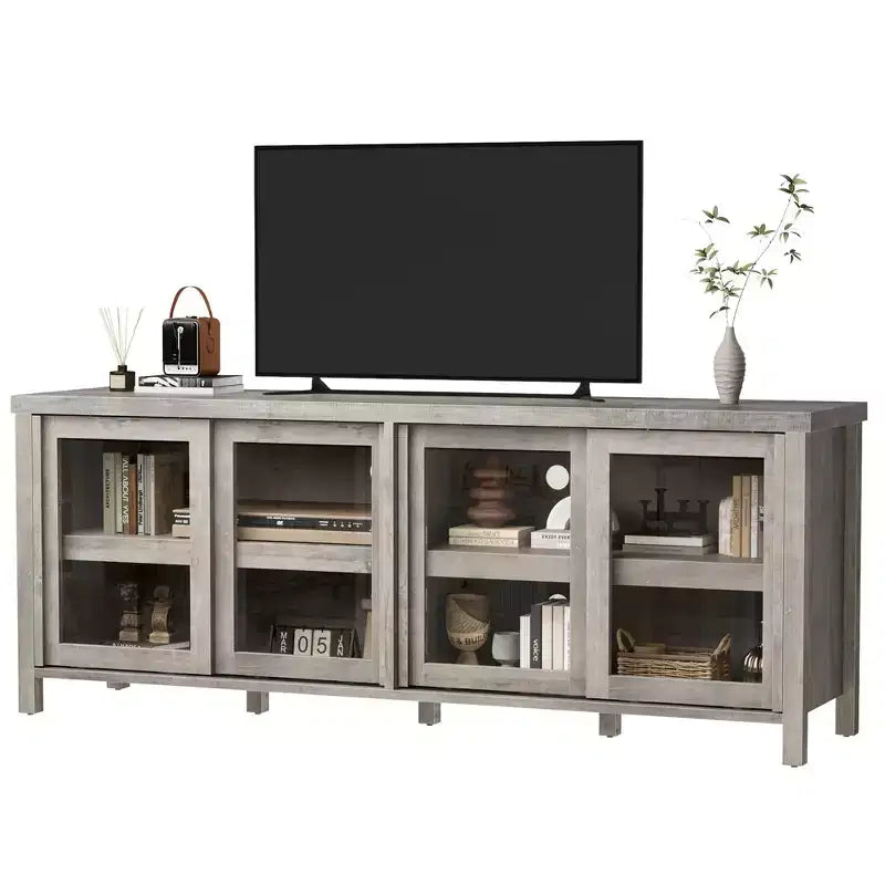 Meuble TV coulissant en verre, adapté aux centres de divertissement avec armoires de rangement, meuble média moderne du milieu du siècle, parfait pour le salon.
