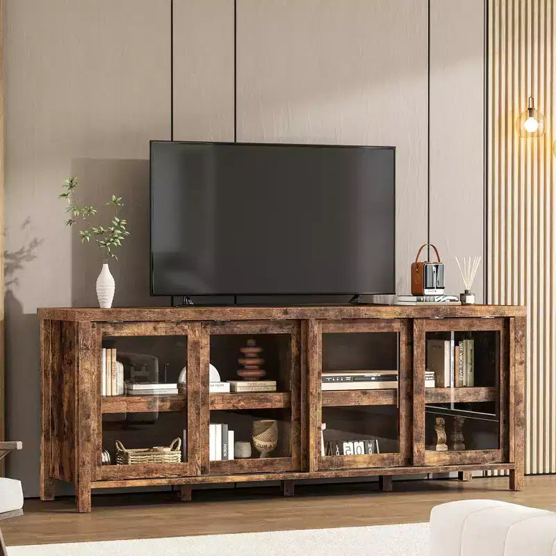 Meuble TV coulissant en verre, adapté aux centres de divertissement avec armoires de rangement, meuble média moderne du milieu du siècle, parfait pour le salon.