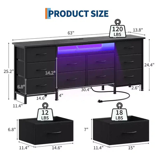 Commode de chambre 63" avec 10 tiroirs en tissu, meuble TV pour téléviseurs 65-75", commode blanche avec prise électrique et tiroirs de rangement