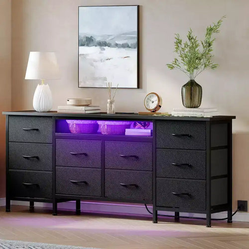 63 Long Dresser for Bedroom with 10 Fabric Drawers, Entertainment Center TV Stand 65-75 TV, White Dresser with Power Outlet Storage Drawers