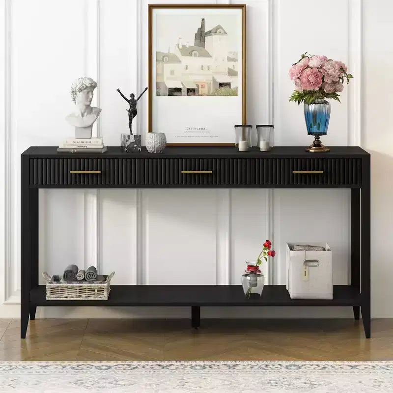 Table console Clihome 60 pouces avec 3 tiroirs ondulés, table d'entrée moderne avec poignées métalliques et étagère de rangement