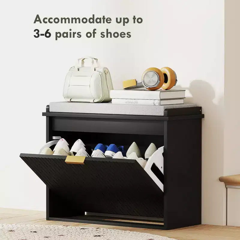 Banc à chaussures avec coussin rembourré et tiroir basculant, banc d'entrée, meuble à chaussures, 24,4x10,2x18,7 pouces