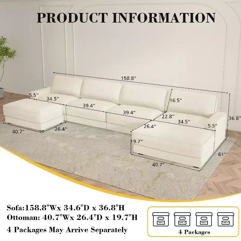 Dyonery 158 Grand canapé modulable sectionnel, tissu CHENILLE avec assise profonde, assemblage sans outil