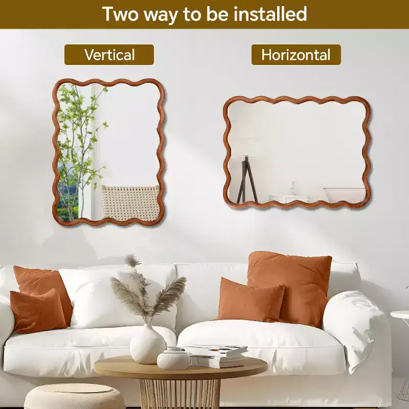 PexFix Miroir décoratif mural rectangulaire ondulé 30 x 40 avec cadre en bois massif, style moderne et rustique, pour chambre, salle de bain, salon, entrée, marron