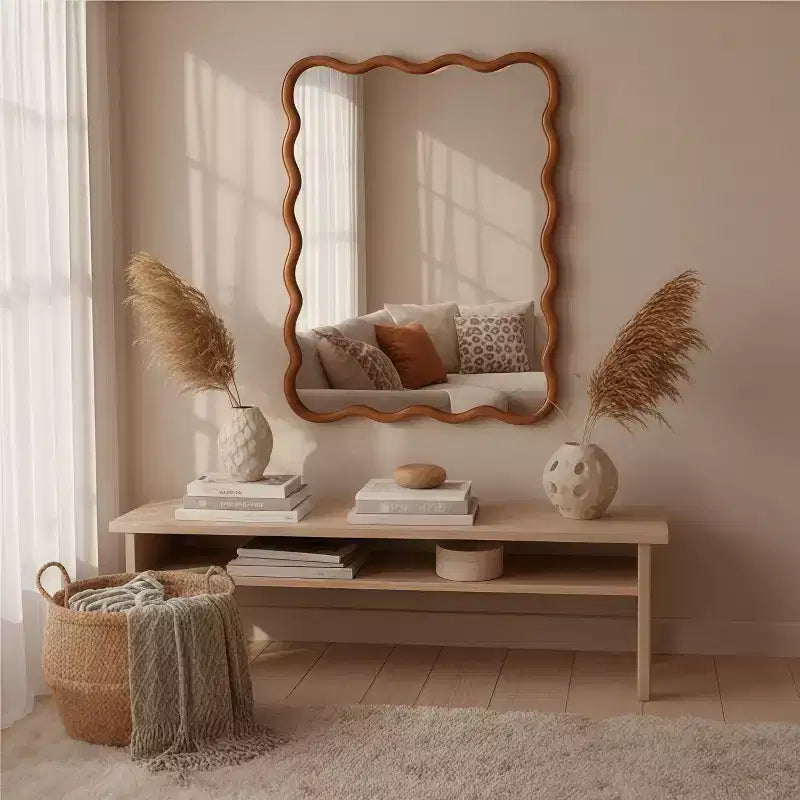 PexFix Miroir décoratif mural rectangulaire ondulé 30 x 40 avec cadre en bois massif, style moderne et rustique, pour chambre, salle de bain, salon, entrée, marron