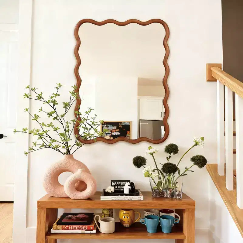 PexFix Miroir décoratif mural rectangulaire ondulé 30 x 40 avec cadre en bois massif, style moderne et rustique, pour chambre, salle de bain, salon, entrée, marron