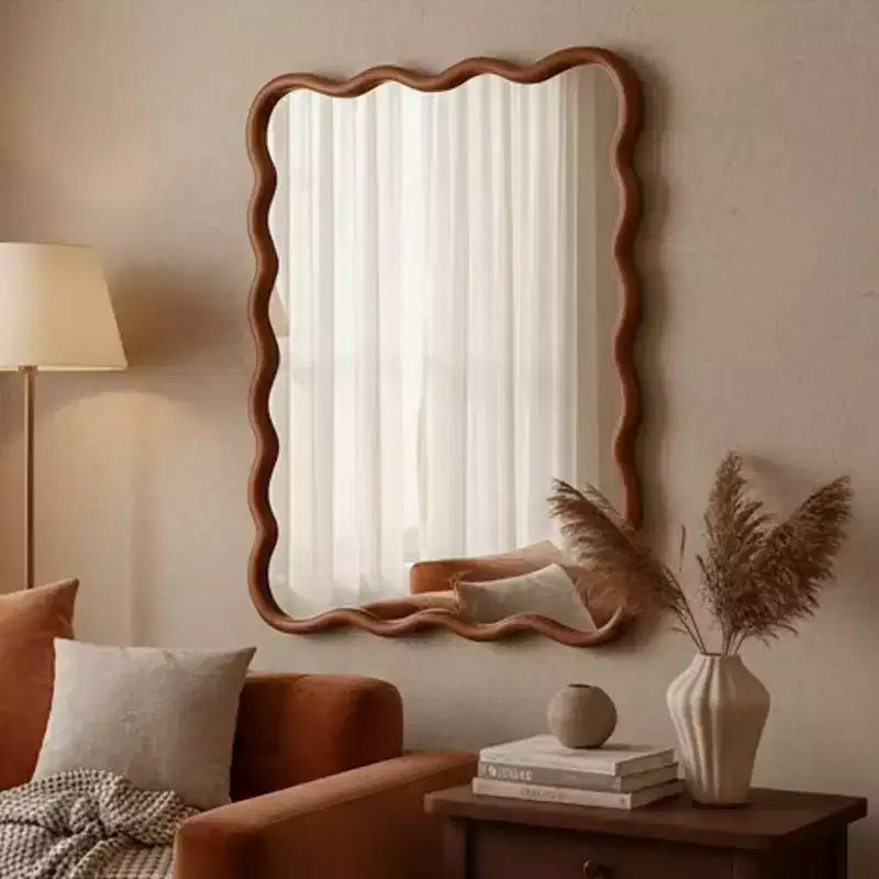 PexFix Miroir décoratif mural rectangulaire ondulé 30 x 40 avec cadre en bois massif, style moderne et rustique, pour chambre, salle de bain, salon, entrée, marron