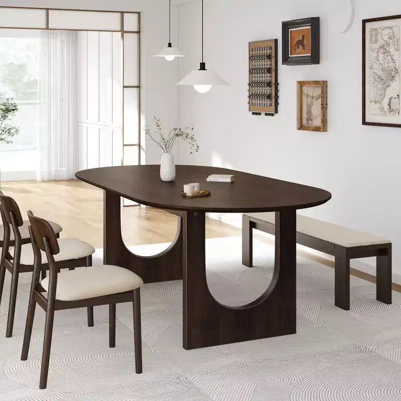 PexFix 79 Table à manger ovale pour 6-8 personnes, table de cuisine en bois avec plateau résistant aux rayures et pieds arqués, style ferme moderne, pour salon et cuisine, noyer