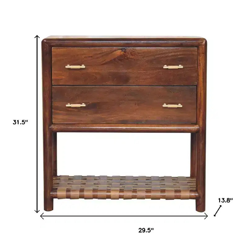 HomeRoots Table de Chevet 32" Marron en Bois Massif à Deux Tiroirs avec Étagère en Cuir
