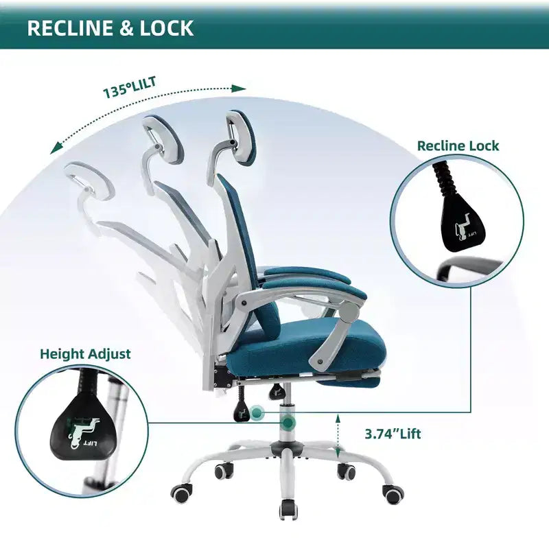 Chaise de bureau ergonomique Okak avec repose-pieds rétractable, fauteuil d'ordinateur avec coussin de soutien lombaire et accoudoirs rembourrés, chaise pivotante pour le bureau