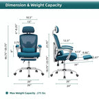 Chaise de bureau ergonomique Okak avec repose-pieds rétractable, fauteuil d'ordinateur avec coussin de soutien lombaire et accoudoirs rembourrés, chaise pivotante pour le bureau