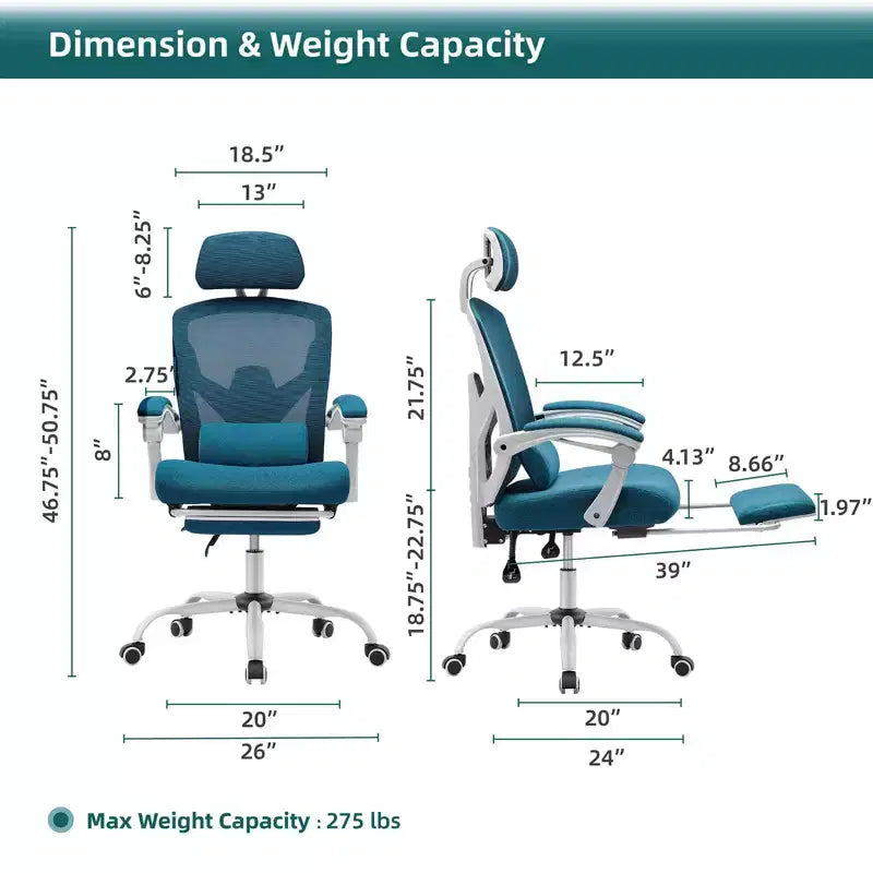 Chaise de bureau ergonomique Okak avec repose-pieds rétractable, fauteuil d'ordinateur avec coussin de soutien lombaire et accoudoirs rembourrés, chaise pivotante pour le bureau