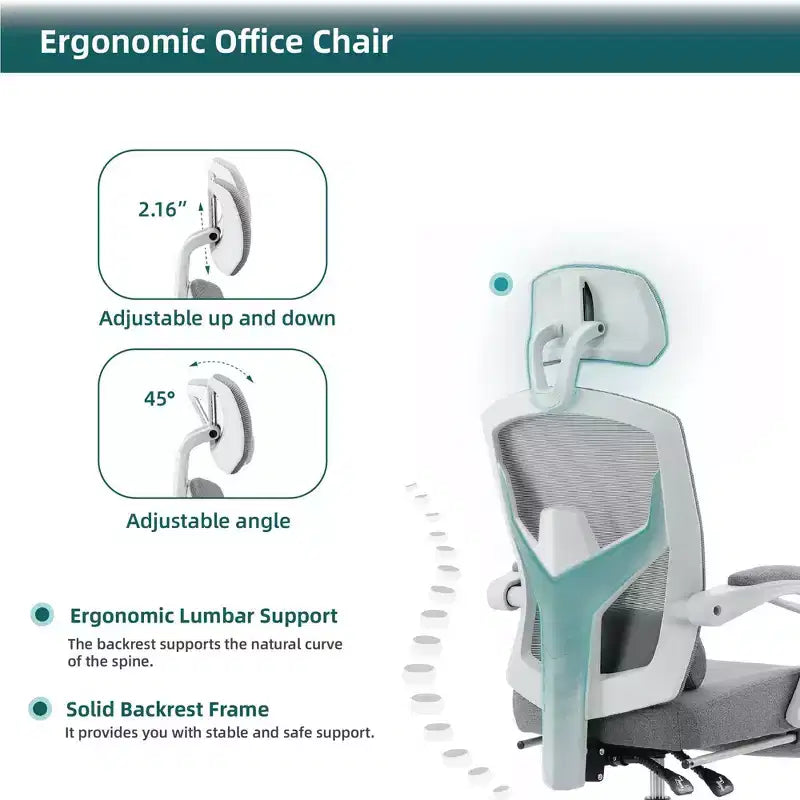 Chaise de bureau ergonomique Okak avec repose-pieds rétractable, fauteuil d'ordinateur avec coussin de soutien lombaire et accoudoirs rembourrés, chaise pivotante pour le bureau