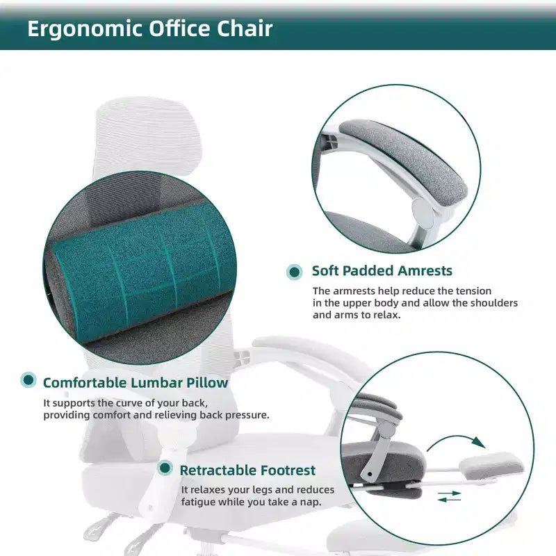 Chaise de bureau ergonomique Okak avec repose-pieds rétractable, fauteuil d'ordinateur avec coussin de soutien lombaire et accoudoirs rembourrés, chaise pivotante pour le bureau