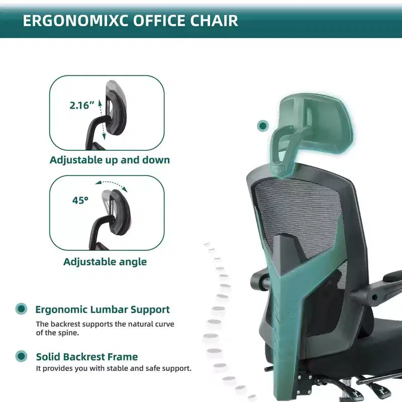 Chaise de bureau ergonomique Okak avec repose-pieds rétractable, fauteuil d'ordinateur avec coussin de soutien lombaire et accoudoirs rembourrés, chaise pivotante pour le bureau