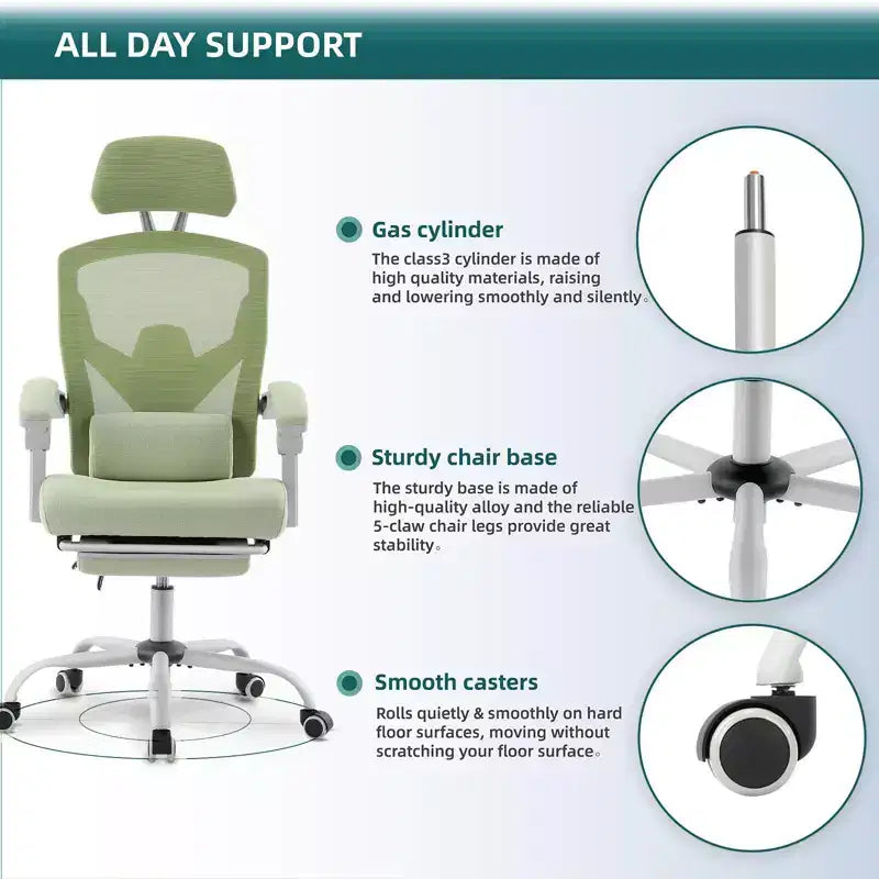 Chaise de bureau ergonomique Okak avec repose-pieds rétractable, fauteuil d'ordinateur avec coussin de soutien lombaire et accoudoirs rembourrés, chaise pivotante pour le bureau