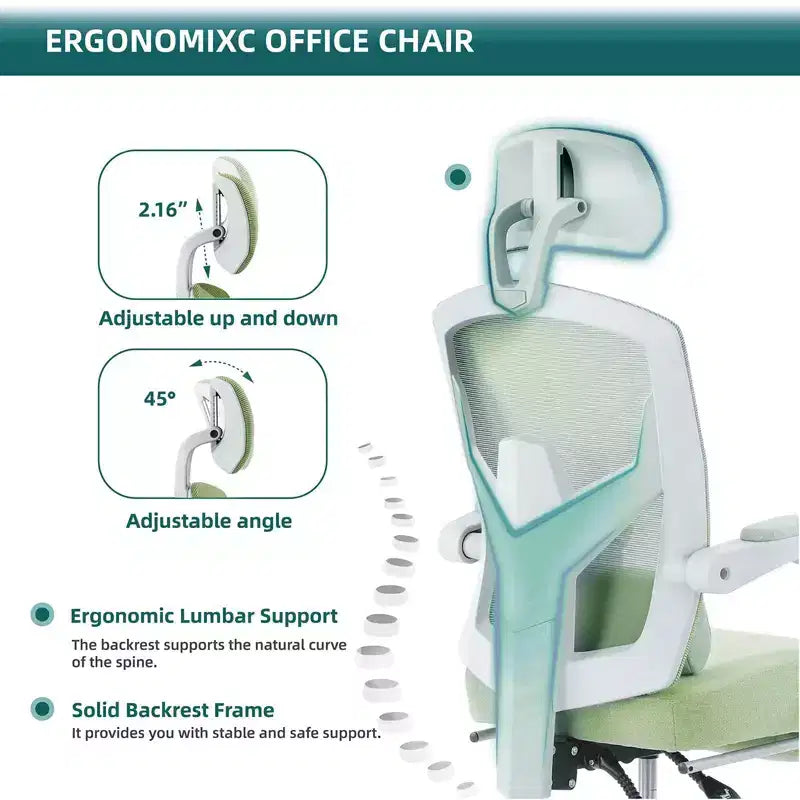 Chaise de bureau ergonomique Okak avec repose-pieds rétractable, fauteuil d'ordinateur avec coussin de soutien lombaire et accoudoirs rembourrés, chaise pivotante pour le bureau