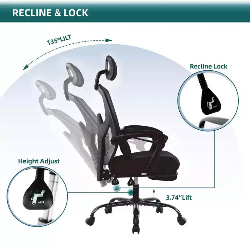 Chaise de bureau ergonomique Okak avec repose-pieds rétractable, fauteuil d'ordinateur avec coussin de soutien lombaire et accoudoirs rembourrés, chaise pivotante pour le bureau