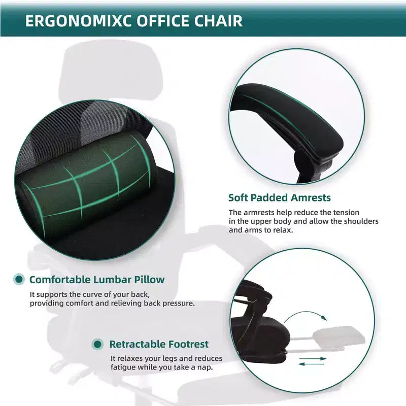Chaise de bureau ergonomique Okak avec repose-pieds rétractable, fauteuil d'ordinateur avec coussin de soutien lombaire et accoudoirs rembourrés, chaise pivotante pour le bureau