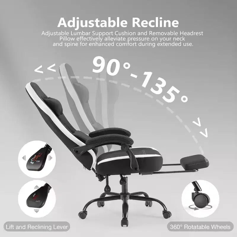 Chaise de bureau ergonomique Okak avec accoudoirs rembourrés, chaise de jeu avec repose-pieds et soutien lombaire, chaise pivotante à roulettes pour la maison et le bureau