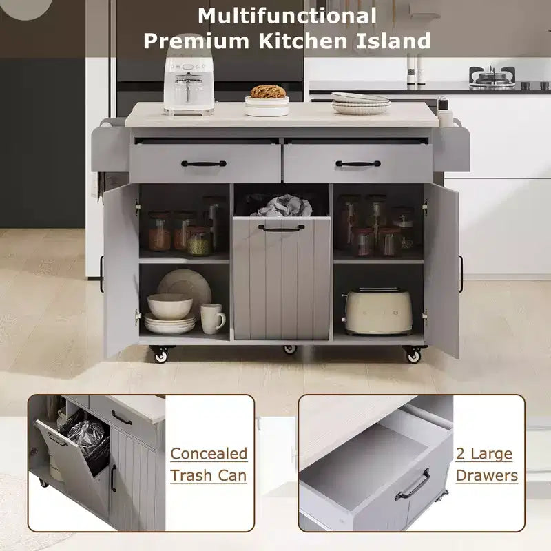 Îlot de cuisine Okak avec abattant et porte-épices, îlot de cuisine sur roulettes avec poubelle intégrée, desserte de cuisine pour la cuisine, la salle à manger, gris