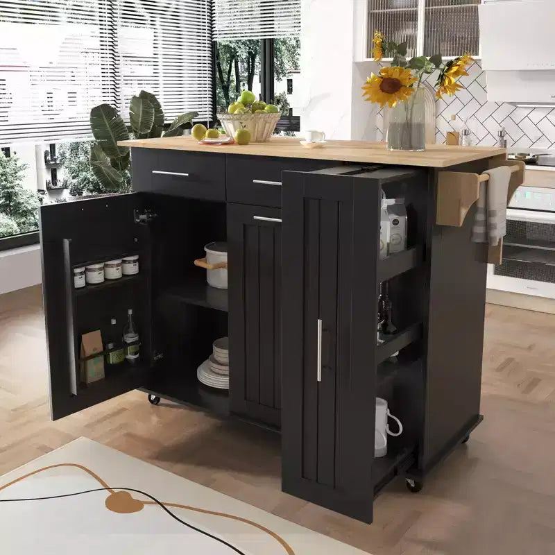 Îlot de cuisine Okak avec organisateur de meuble coulissant à 3 niveaux, chariot de cuisine avec abattant et étagère de rangement, organisateur de comptoir pour cuisine