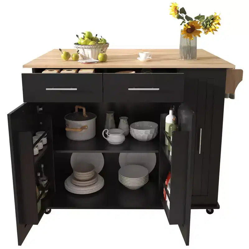 Îlot de cuisine Okak avec organisateur de meuble coulissant à 3 niveaux, chariot de cuisine avec abattant et étagère de rangement, organisateur de comptoir pour cuisine