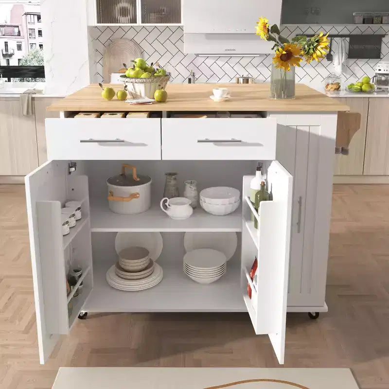 Îlot de cuisine Okak avec organisateur de meuble coulissant à 3 niveaux, chariot de cuisine avec abattant et étagère de rangement, organisateur de comptoir pour cuisine