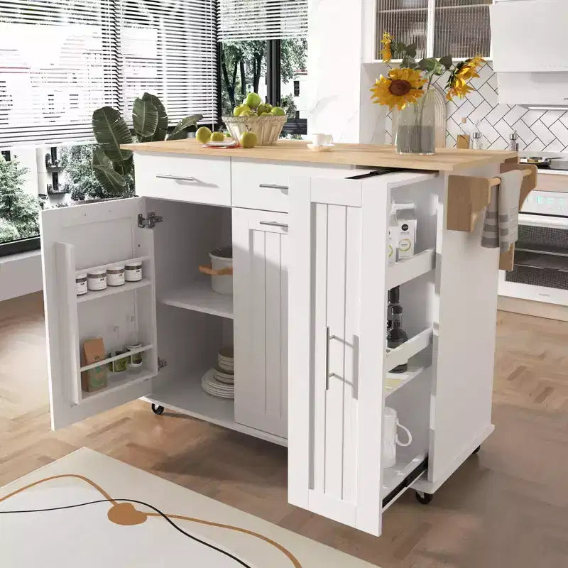 Îlot de cuisine Okak avec organisateur de meuble coulissant à 3 niveaux, chariot de cuisine avec abattant et étagère de rangement, organisateur de comptoir pour cuisine