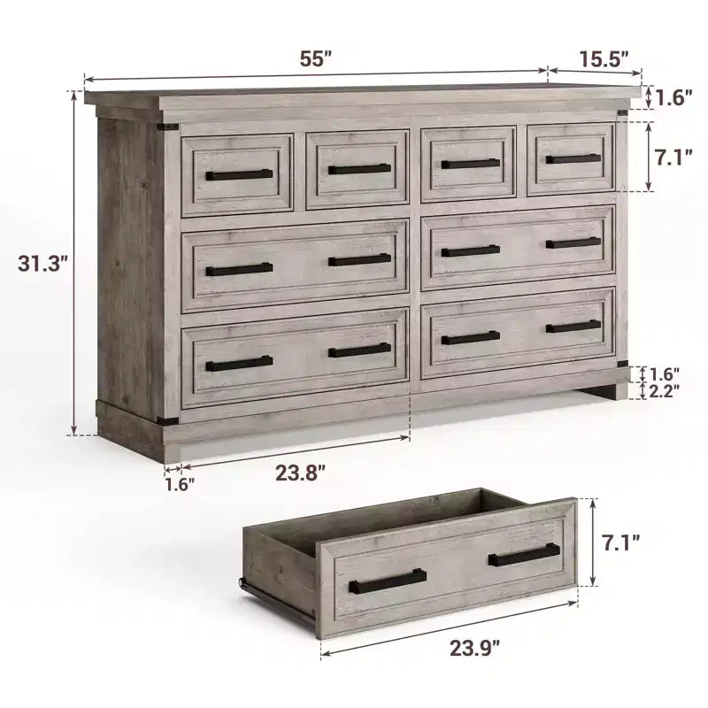 Commode à 8 tiroirs, commode de 140 cm de large pour chambre à coucher, commode de style ferme avec poignées en métal, meuble à tiroirs avec texture bois naturel