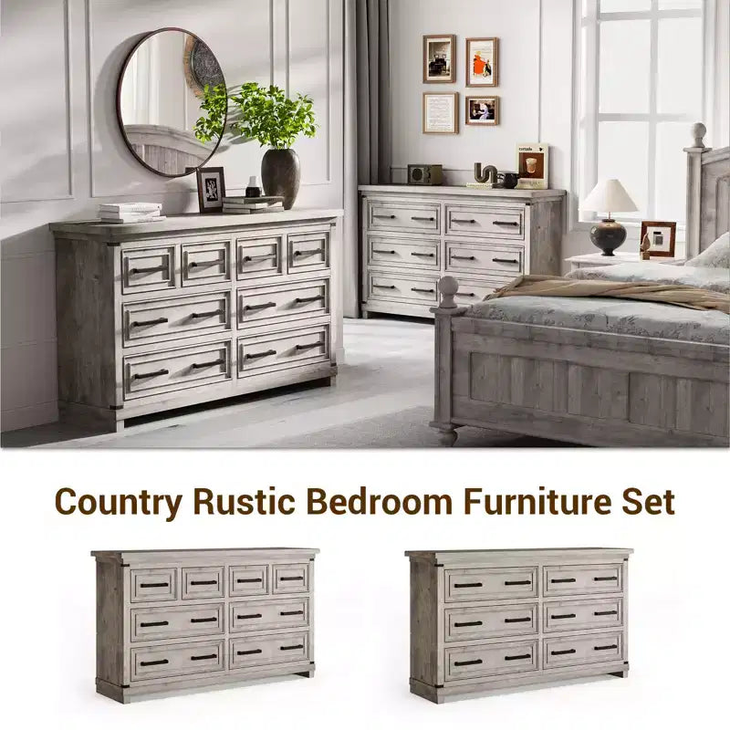 Commode à 8 tiroirs, commode de 140 cm de large pour chambre à coucher, commode de style ferme avec poignées en métal, meuble à tiroirs avec texture bois naturel
