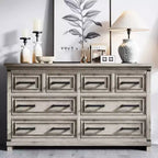 Commode à 8 tiroirs, commode de 140 cm de large pour chambre à coucher, commode de style ferme avec poignées en métal, meuble à tiroirs avec texture bois naturel
