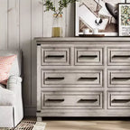 Commode à 8 tiroirs, commode de 140 cm de large pour chambre à coucher, commode de style ferme avec poignées en métal, meuble à tiroirs avec texture bois naturel