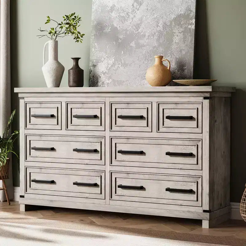Commode à 8 tiroirs, commode de 140 cm de large pour chambre à coucher, commode de style ferme avec poignées en métal, meuble à tiroirs avec texture bois naturel