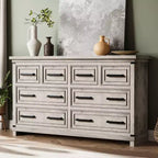Commode à 8 tiroirs, commode de 140 cm de large pour chambre à coucher, commode de style ferme avec poignées en métal, meuble à tiroirs avec texture bois naturel