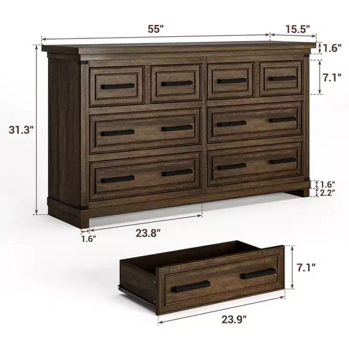 Commode à 8 tiroirs, commode de 140 cm de large pour chambre à coucher, commode de style ferme avec poignées en métal, meuble à tiroirs avec texture bois naturel
