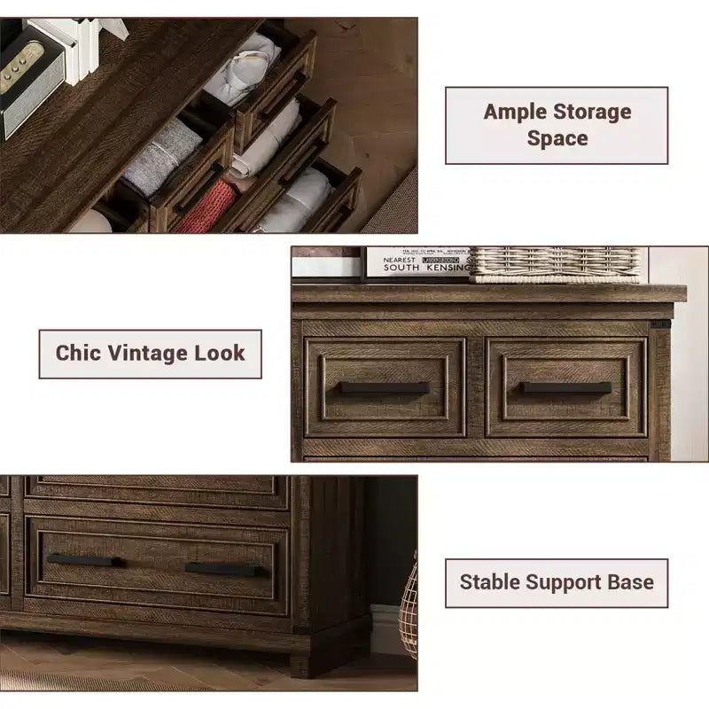 Commode à 8 tiroirs, commode de 140 cm de large pour chambre à coucher, commode de style ferme avec poignées en métal, meuble à tiroirs avec texture bois naturel