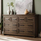 Commode à 8 tiroirs, commode de 140 cm de large pour chambre à coucher, commode de style ferme avec poignées en métal, meuble à tiroirs avec texture bois naturel