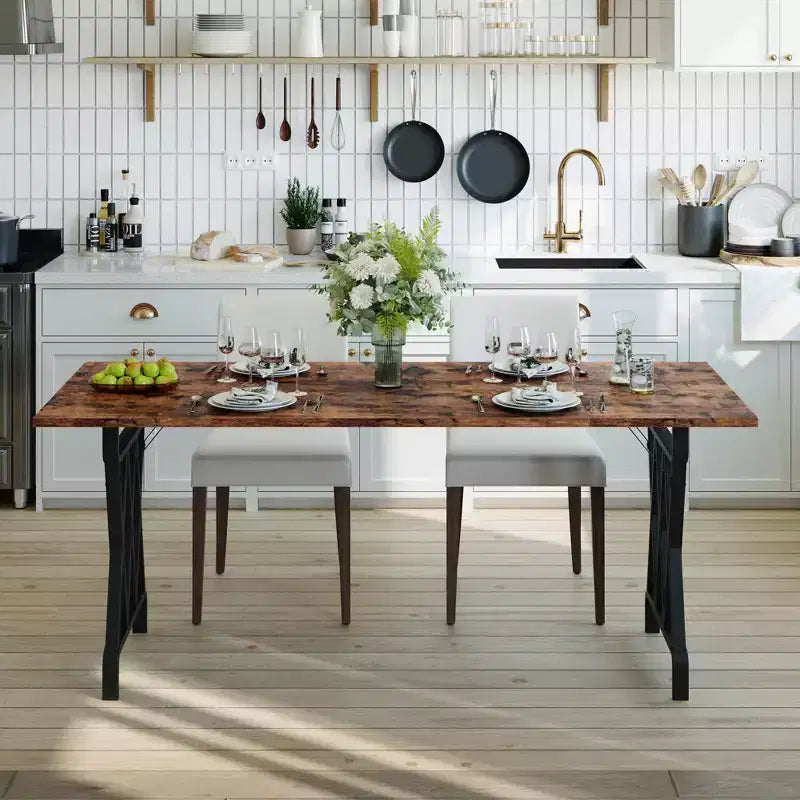 COZONY Table de salle à manger de ferme, piétement métallique, plateau en bois rustique, pour salle à manger, restaurant, café