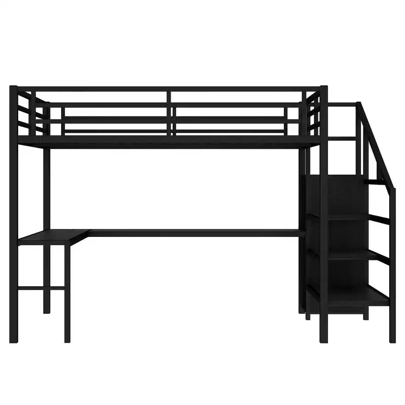 Lit superposé surélevé Bellemave Queen avec bureau en L, armoire, port USB et LED, lit superposé en métal avec escalier de rangement et étagère réglable, noir