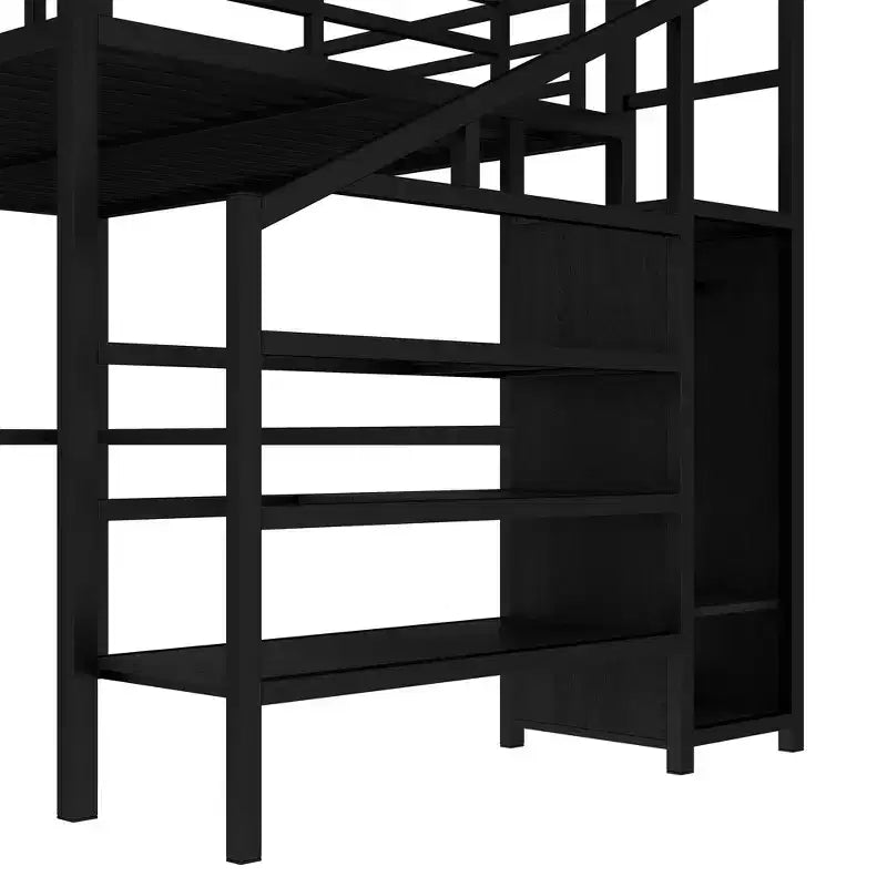 Lit superposé surélevé Bellemave Queen avec bureau en L, armoire, port USB et LED, lit superposé en métal avec escalier de rangement et étagère réglable, noir